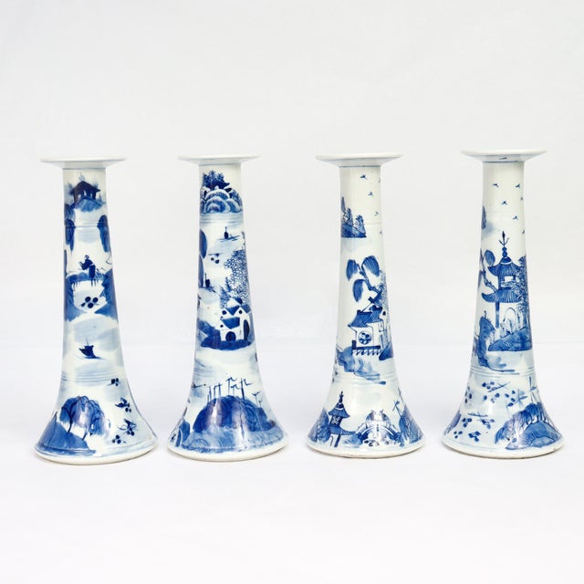 19th Century Set of 4 Chinese Export Blue & White Canton Porcelain Candlesticks For Sale - Image 5 of 18