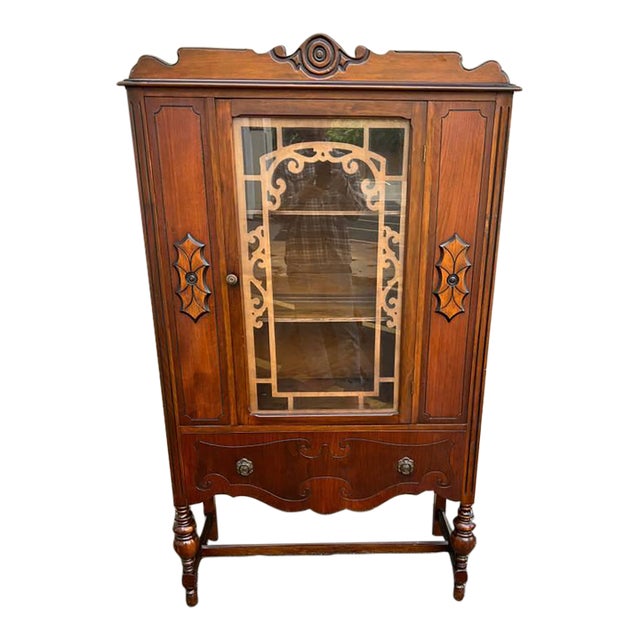 Early 20th Century Jacobean Revival Style Walnut Display China Cabinet For Sale