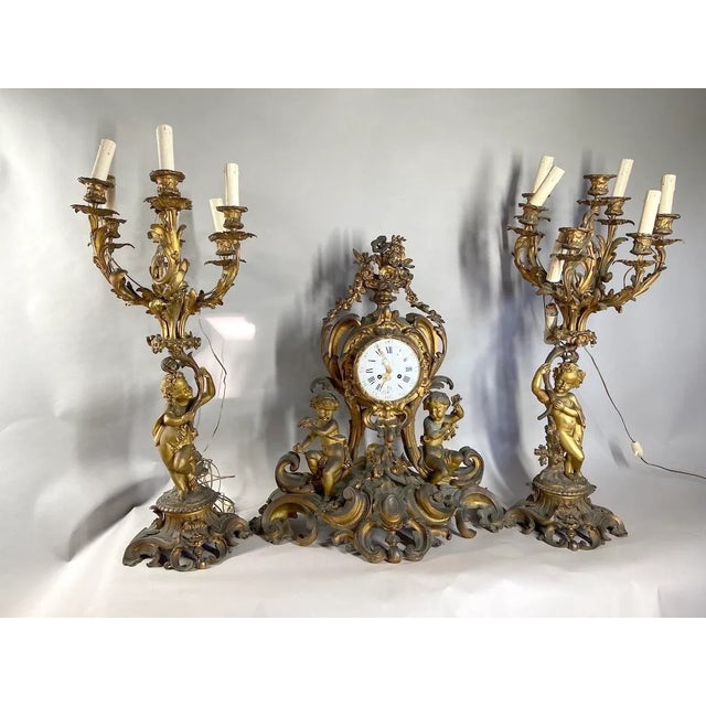 1840's French Louis XV Antique Clock Set of Bronze With Original Gold Leaf Finish For Sale - Image 12 of 13