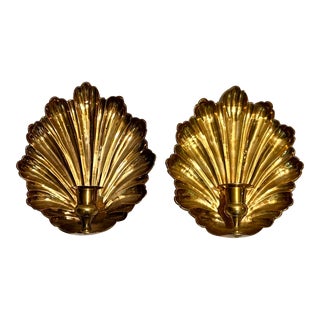 Vintage Polished Brass Scalloped Shell Candlestick Wall Sconces - a Pair For Sale