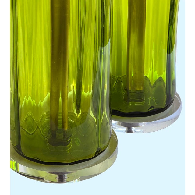 1950s Large Pair Blenko Mid Century Olive-Green Ribbed Vases Now as Lamps For Sale - Image 5 of 7