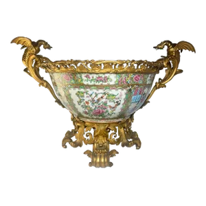Early 19th Century Chinese Porcelain Rose Medallion Punch Bowl With Ormulu Bronze Mount