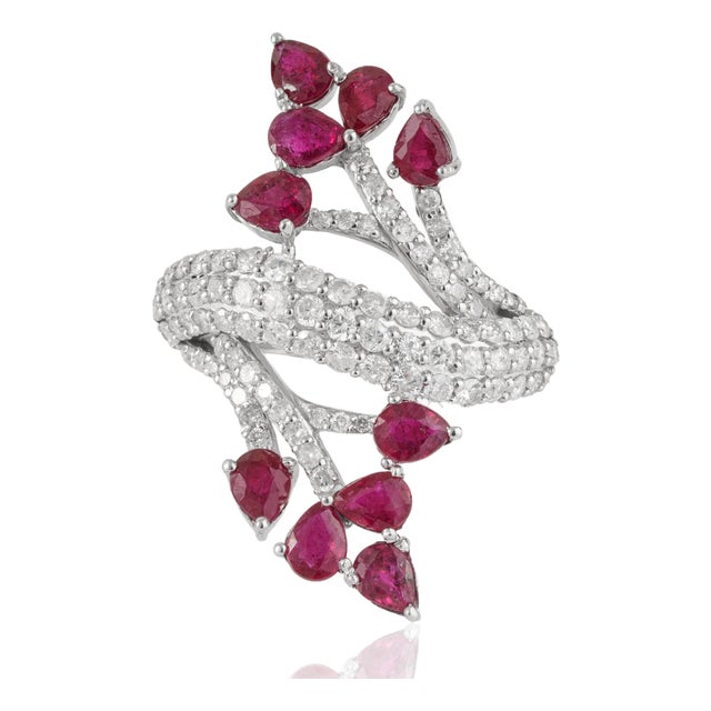 Art Nouveau Inspired Natural Ruby & Diamond Cocktail Ring for Women, Size 7 For Sale