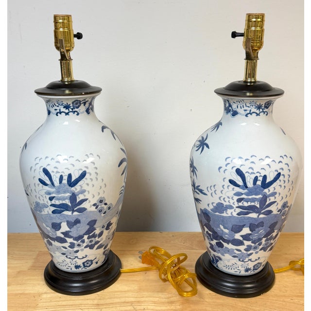 Pair Chinese Canton Style Blue and White Palm Tree Porcelain Vases, Now as Lamps For Sale - Image 6 of 10