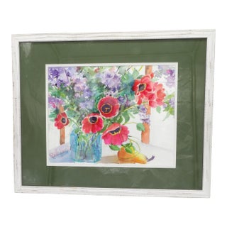 1990s Original Signed Impressionist Floral Watercolor Painting | Red Poppies, Lilacs & Pear Still Life | Signed For Sale
