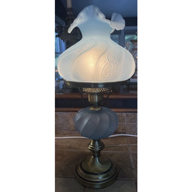 Rare Vintage Ice Blue Satin Frost Fenton Paisley Glass Table Lamp 20th C. For Sale - Image 6 of 18