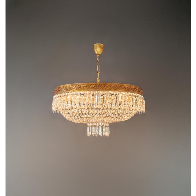 Antique Oval Flush Mount Chandelier Brass Crystal Ceiling Light Restored Gold For Sale - Image 4 of 10