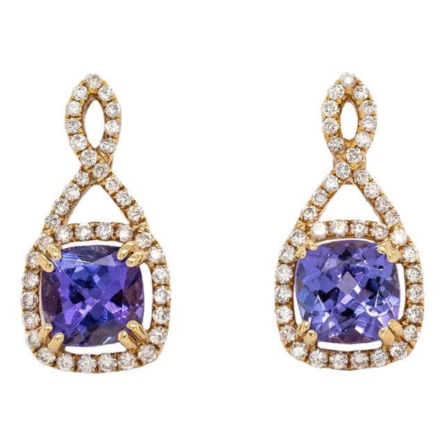 1.55cts Tanzanite and Natural Diamond Earrings in Solid 14k Gold | Cu 5mm-Set of 2 For Sale