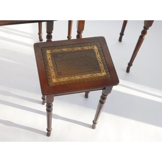 French Wooden Nesting Tables with Brown Inlaid Leather, 1930s, Set of 3 For Sale - Image 6 of 10