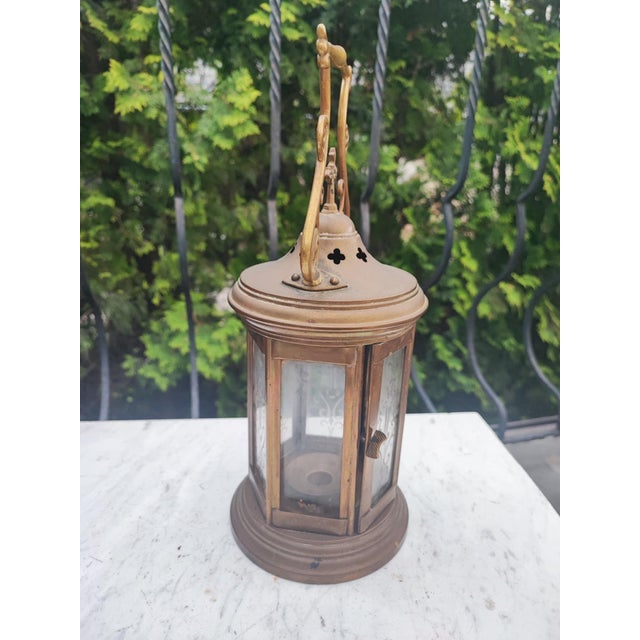 Neo-Gothic, brass candle lantern for a chapel, dimensions: height: 33 cm, diameter: 14.2 cm.