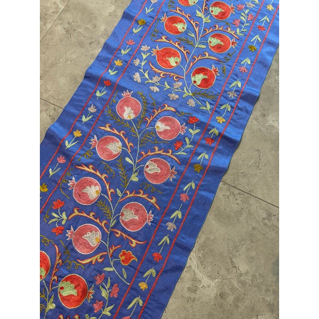 Mid-Century Modern Blue Silk Suzani Table Runner With Pomegranate Vine For Sale - Image 3 of 10