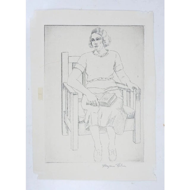 Art Deco Vintage 1930s Portrait Etching of Seated Woman Reading For Sale - Image 3 of 3