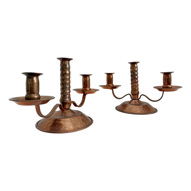 Primitive Hammered Copper Candle Holders - A Pair For Sale