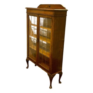 Antique Queen Anne Style Oak Bookcase With Leaded Glass Doors, C. 1910 For Sale
