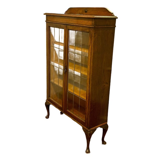Antique Queen Anne Style Oak Bookcase With Leaded Glass Doors, C. 1910 For Sale