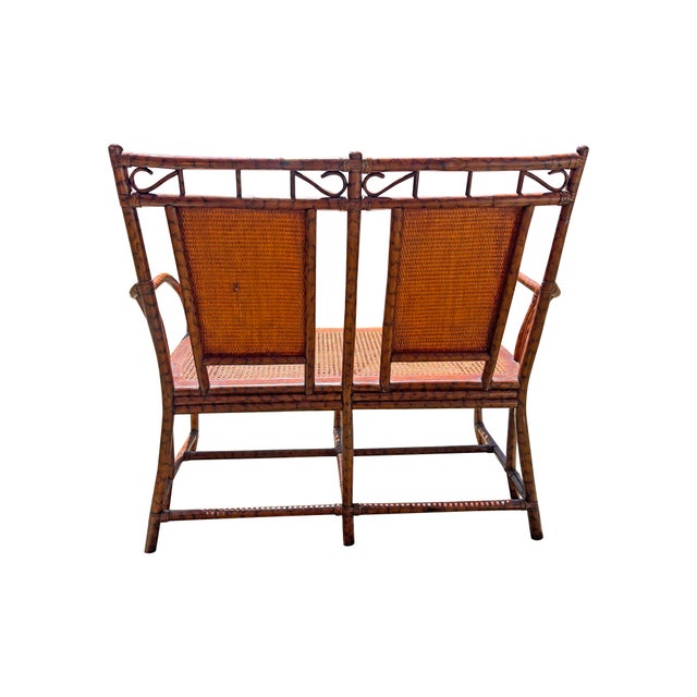 Wood Vintage Rattan Bamboo Bench Settee in Chinoiserie Style For Sale - Image 7 of 10