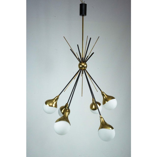 Mid-Century Italian Brass and Opaline Glass Chandelier from Stilnovo, 1950s For Sale - Image 12 of 16