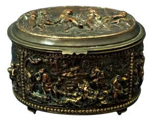 Carved Bronze Bas-Relief Jewelry Box or Tobacco Holder, France, 19th Century