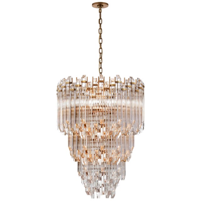 Suzanne Kasler for Visual Comfort Signature Adele Three-Tier Waterfall Chandelier in Hand-Rubbed Antique Brass with Clear Acrylic For Sale