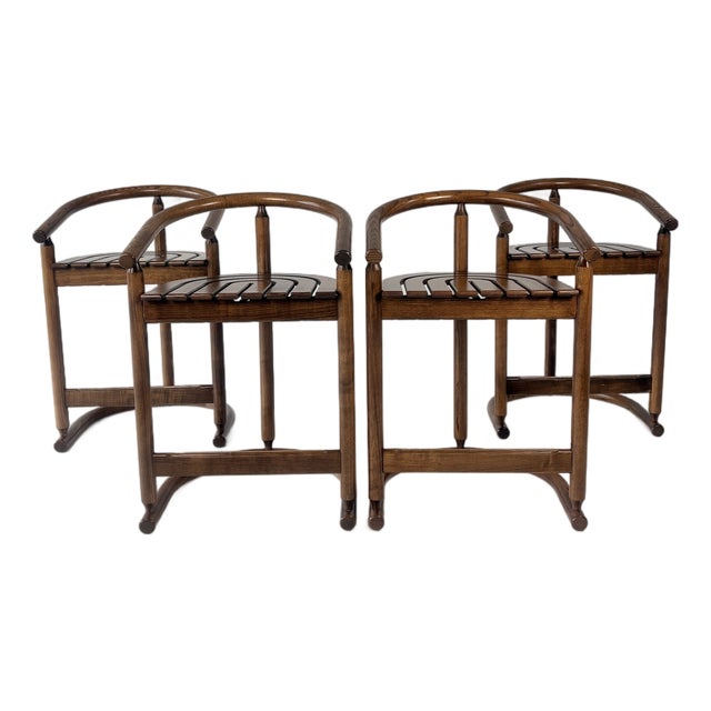 1980s Postmodern Allmilmö Bentwood & Slatted Wood Counter Stools - Set of 4 For Sale