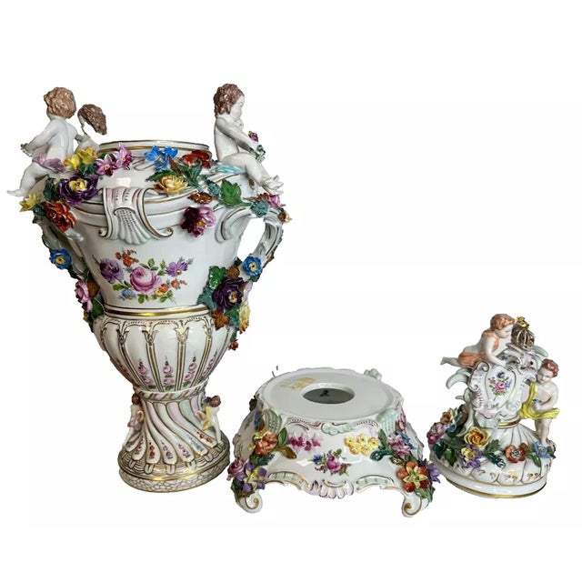 Rococo 1900's Colossal Lidded Dresden Germany Porcelain Urn Vase on Stand For Sale - Image 3 of 12