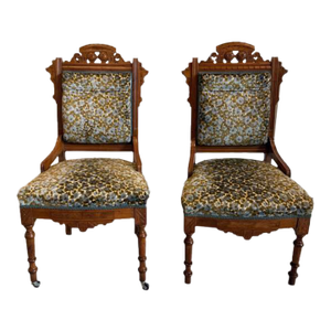 Pair of Antique Victorian Eastlake Carved Walnut Parlor Side Chairs