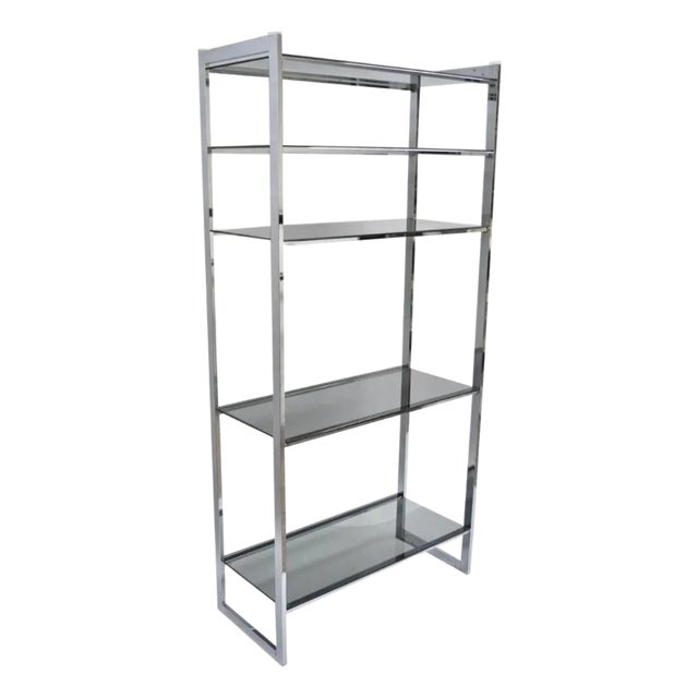 Mid Century Modern Baughman Style Chrome Smoked Glass Etagere Bookcase Shelf For Sale