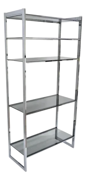 Mid Century Modern Baughman Style Chrome Smoked Glass Etagere Bookcase Shelf