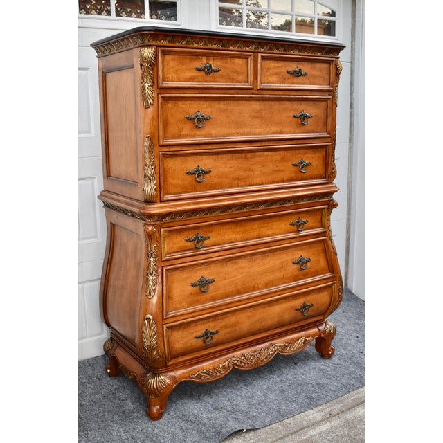 French Legacy Carved Bombe Tall Chest French Style Pine Dresser W/Gold Details For Sale - Image 3 of 17