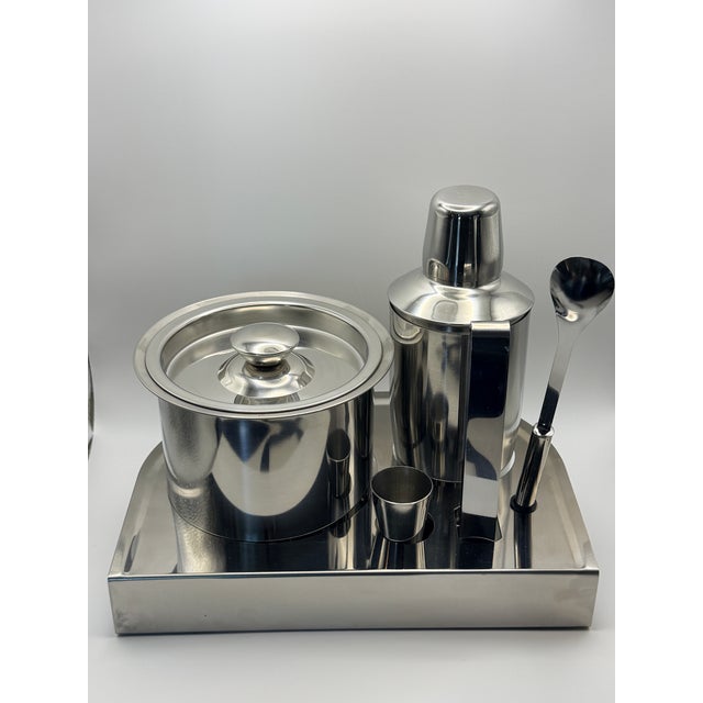Complete Vintage Mid-Century Modern Stainless Steel Bar Set With Ice Bucket, Cocktail Shaker & Serving Tray - 5 pcs For Sale - Image 4 of 8