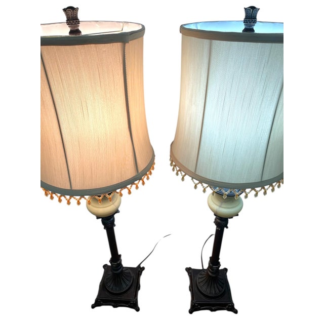 1970s 1970s Pair of Vintage Neoclassical Table Lamps With Ornate Metal Bases and Fabric Shades For Sale - Image 5 of 11