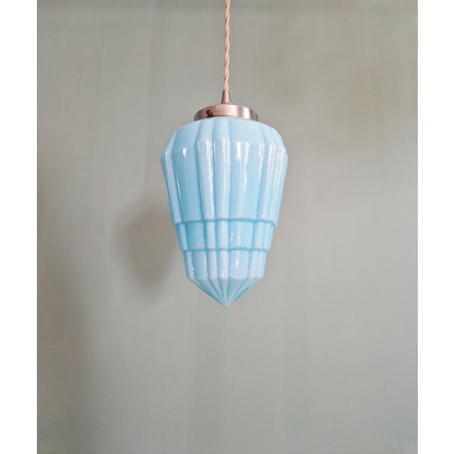Bauhaus Art Deco Pendant Light in Pressed Molded Opaline Glass and Blue Color, 1920s For Sale - Image 3 of 12