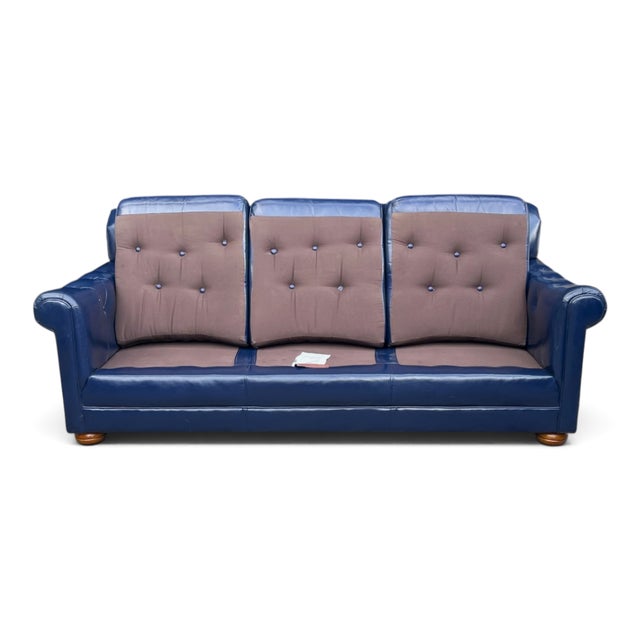 1960s Hollywood Regency Navy Blue Button-Tufted Leather Sofa For Sale - Image 9 of 13