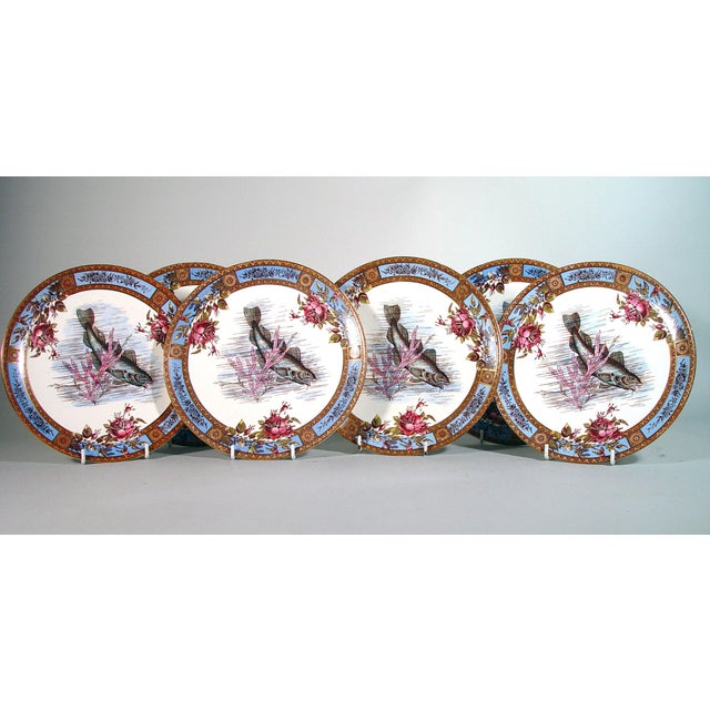 English Pottery Earthenware Set of Six Plates Decorated With Fish For Sale - Image 4 of 4