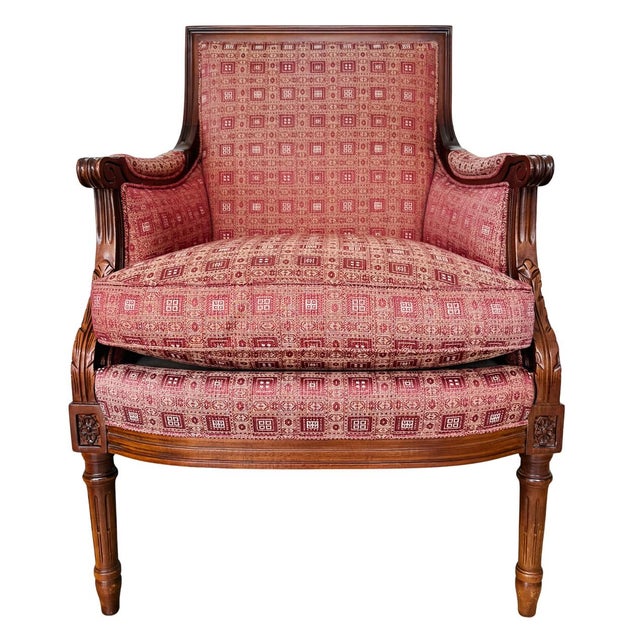 Raspberry Red Vintage Hancock & Moore Louis XVI Neoclassical Mahogany Bergère Chairs - A Pair For Sale - Image 8 of 17