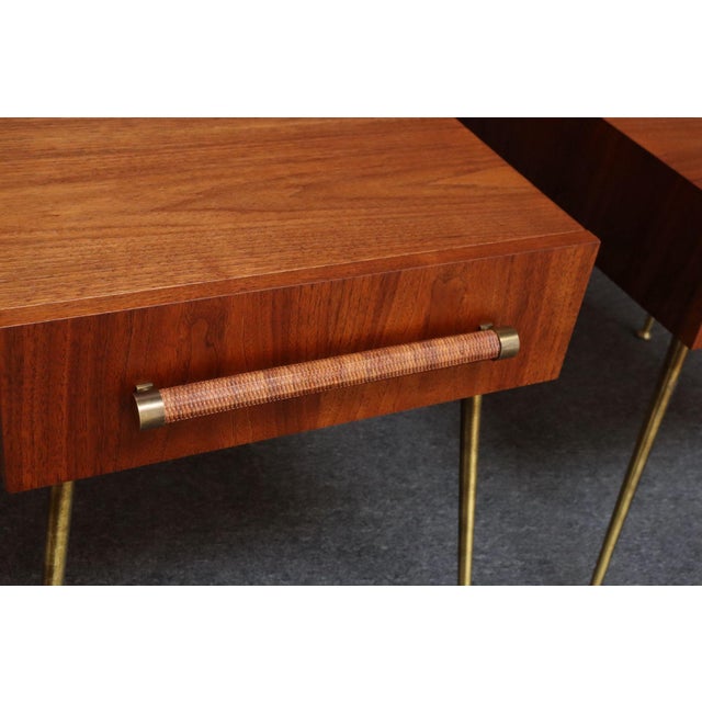 Pair of Walnut and Brass Single Drawer Nightstands by t.h. Robsjohn-Gibbings For Sale - Image 18 of 18
