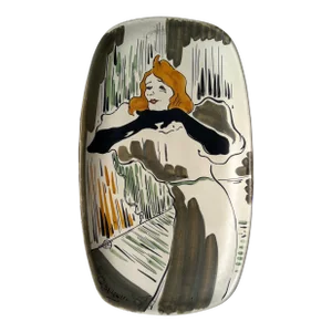 Vintage Yvette Guilbert Italian Hand Painted Wall Ceramic Plaque After Henri De Toulouse - Lautrec