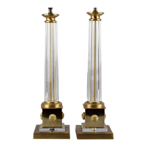 Jansen French Mid-Century Modern Neo-Classical Clear Glass and Gold Metal Table Lamps, a Pair