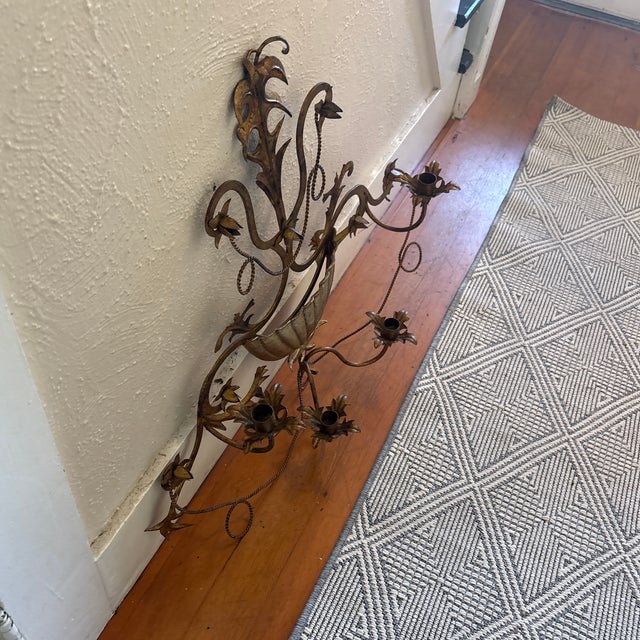 Vintage Italian Gilt Iron Wall Sconce Candelabra Hollywood Regency For Sale - Image 4 of 7