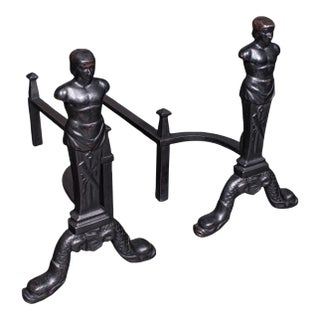 Pair of Vintage Figural Andirons, English, Fire Dog, Fireplace Rests, Art Deco For Sale