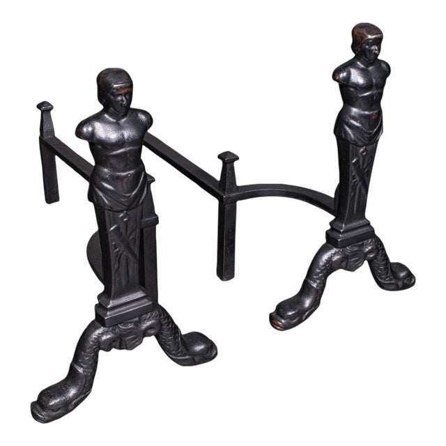 Pair of Vintage Figural Andirons, English, Fire Dog, Fireplace Rests, Art Deco For Sale