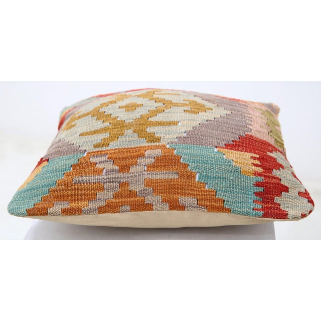 Tribal Arteverk Handwoven Afghan Kilim Pillow — Red & Orange Diamond Medallion For Sale - Image 3 of 3