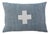 Custom-tailored pillow created from a blue woven cotton/linen textile. Pillow has a cream-colored wool appliqué cross on...