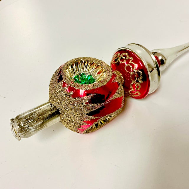 Red Antique German Art Deco Hollywood Regency Blown Mercury Glass Christmas Tree Topper With Indented Stars For Sale - Image 8 of 12
