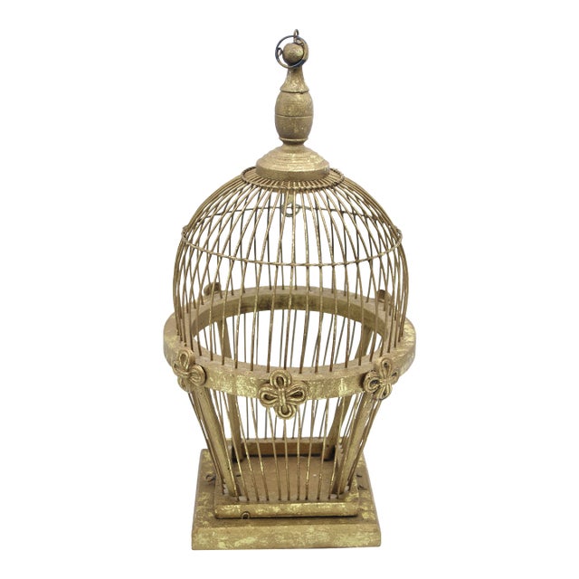 Mid Century Italian Golden Gilt Wood and Metal Wire Bird Cage For Sale