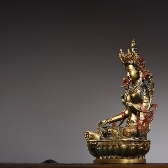 Late 19th Century Gilt Bronze Green Tara Statue, Tibetan Buddhist Figure, 1.69kg For Sale - Image 4 of 9