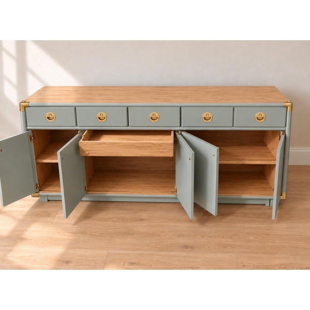 Drexel Professionally Refinished 1970s Drexel Accolade Campaign Buffet / Sideboard — Custom Sage Green For Sale - Image 4 of 8