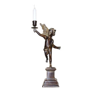 Vintage Bronze Angel Wings Cherub Boy Candlestick Candle Holder Statue Figurine For Sale