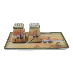 Antique Hand-Painted Nippon Porcelain Sailboat Scenic Salt & Pepper Set With Tray - 3 Pieces