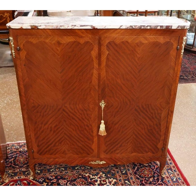 1920's Walnut French Louis XV Style Marble Top Bookcase China Bar Cabinets, 2 Pieces For Sale - Image 11 of 16